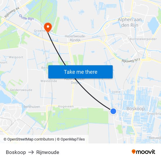 Boskoop to Rijnwoude map