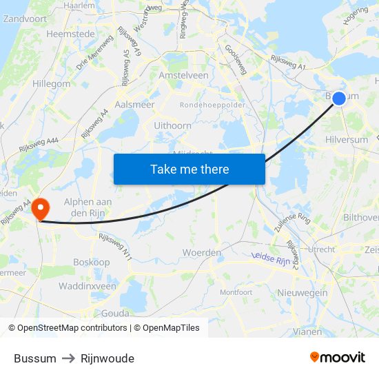 Bussum to Rijnwoude map