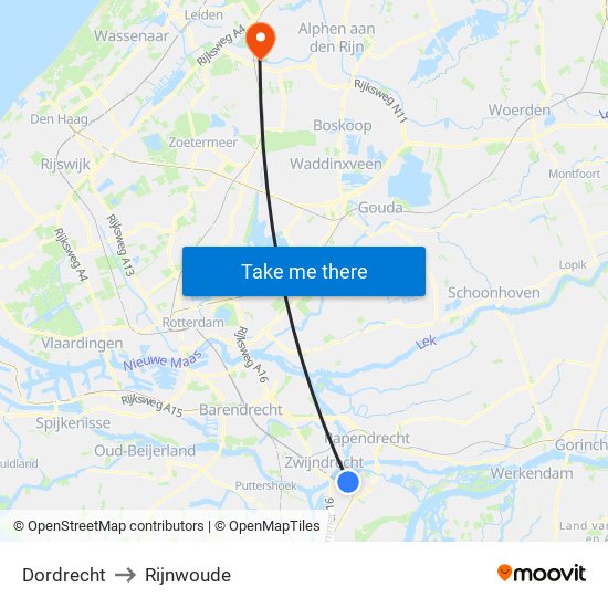 Dordrecht to Rijnwoude map