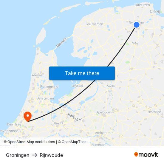 Groningen to Rijnwoude map