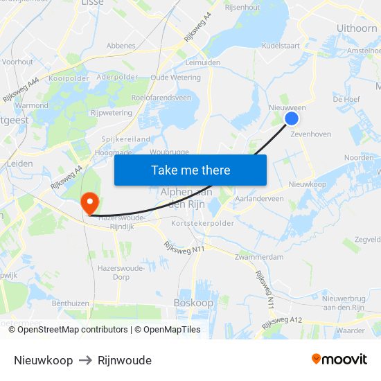 Nieuwkoop to Rijnwoude map