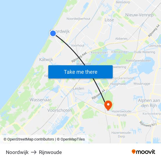 Noordwijk to Rijnwoude map