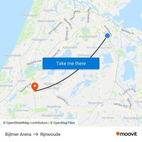 Bijlmer Arena to Rijnwoude map