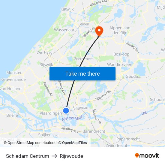 Schiedam Centrum to Rijnwoude map