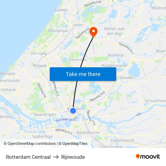 Rotterdam Centraal to Rijnwoude map