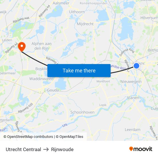 Utrecht Centraal to Rijnwoude map