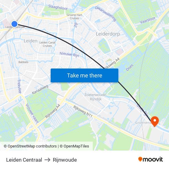 Leiden Centraal to Rijnwoude map