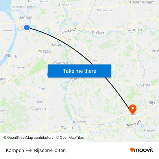 Kampen to Rijssen-Holten map