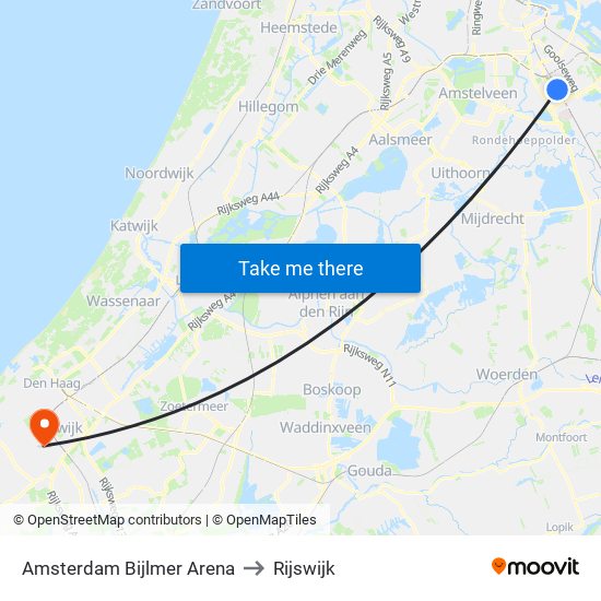 Amsterdam Bijlmer Arena to Rijswijk map