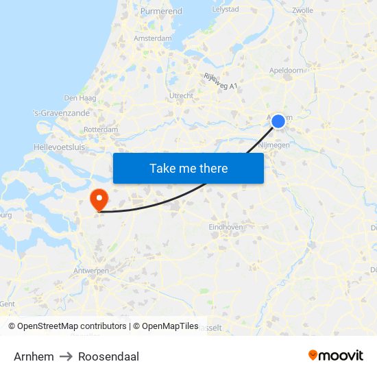 Arnhem to Roosendaal map