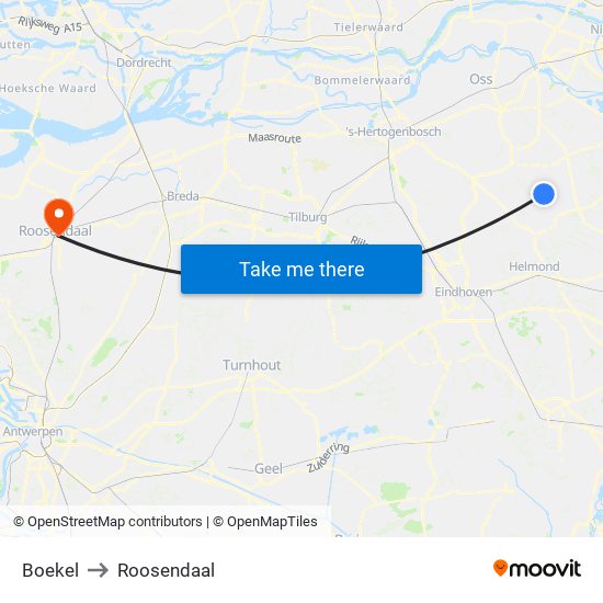 Boekel to Roosendaal map