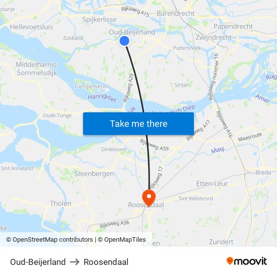 Oud-Beijerland to Roosendaal map