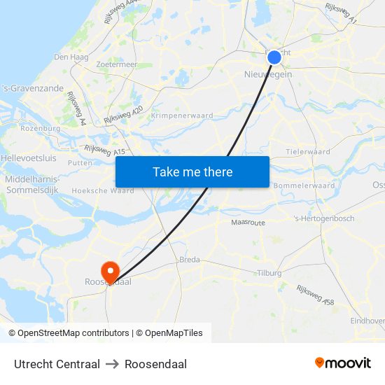 Utrecht Centraal to Roosendaal map