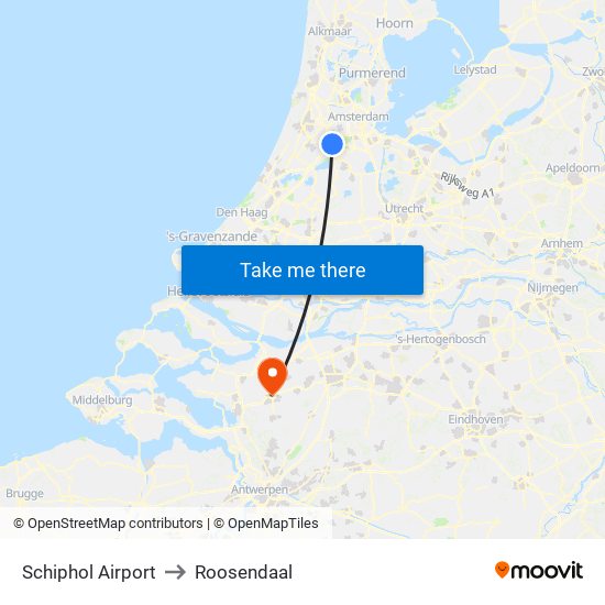 Schiphol Airport to Roosendaal map