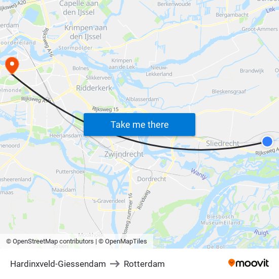 Hardinxveld-Giessendam to Rotterdam map