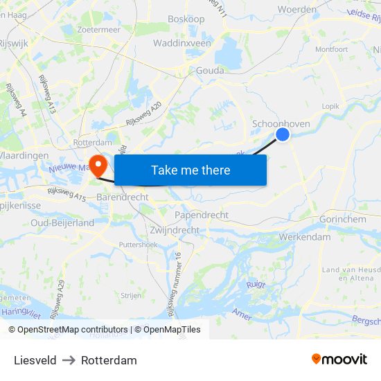 Liesveld to Rotterdam map