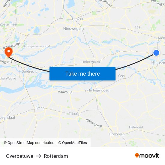 Overbetuwe to Rotterdam map