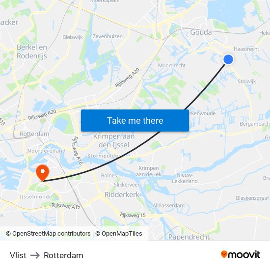 Vlist to Rotterdam map