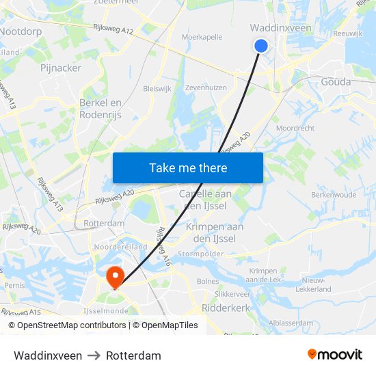 Waddinxveen to Rotterdam map