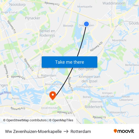 Ww Zevenhuizen-Moerkapelle to Rotterdam map