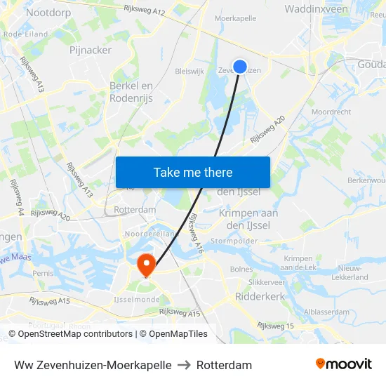 Ww Zevenhuizen-Moerkapelle to Rotterdam map