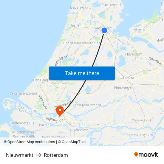 Nieuwmarkt to Rotterdam map
