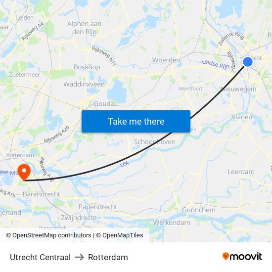 Utrecht Centraal to Rotterdam map