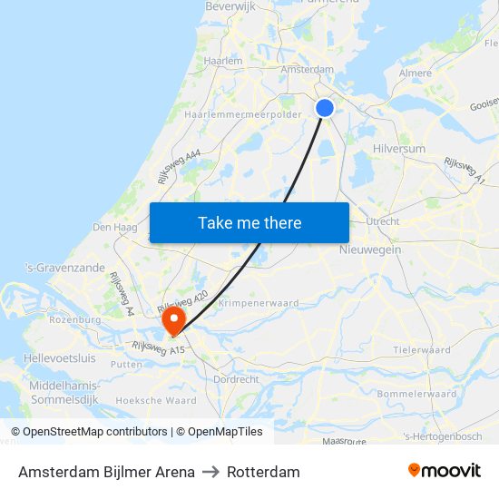 Amsterdam Bijlmer Arena to Rotterdam map