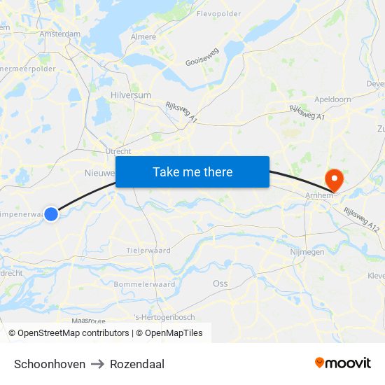 Schoonhoven to Rozendaal map