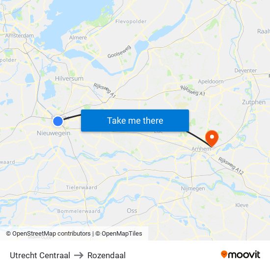 Utrecht Centraal to Rozendaal map