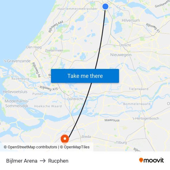 Bijlmer Arena to Rucphen map