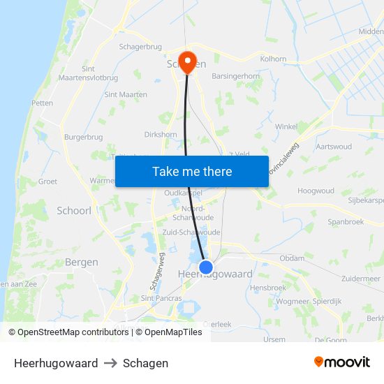 Heerhugowaard to Schagen map