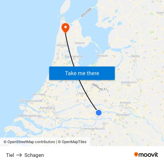 Tiel to Schagen map