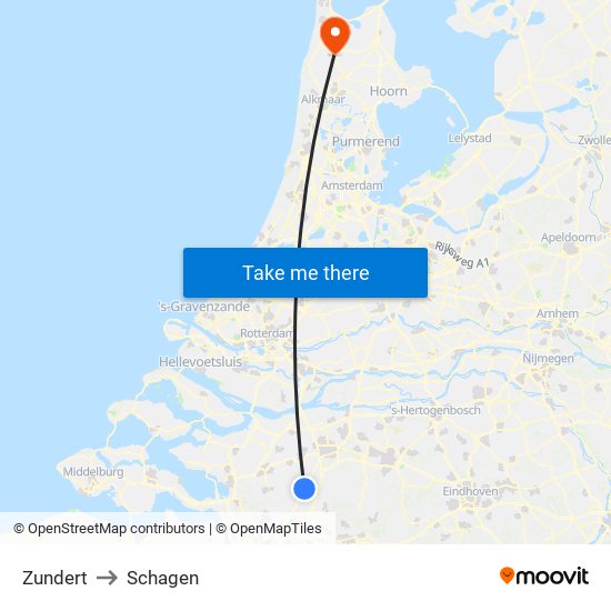 Zundert to Schagen map