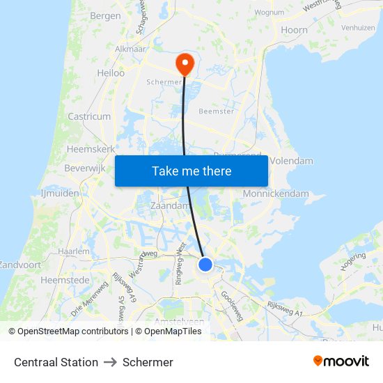 Centraal Station to Schermer map