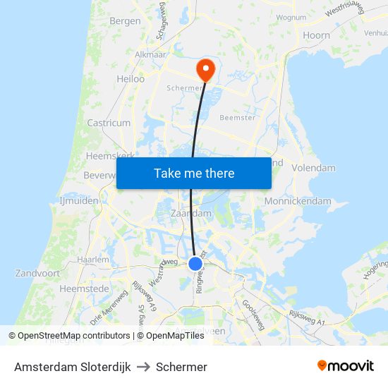 Amsterdam Sloterdijk to Schermer map