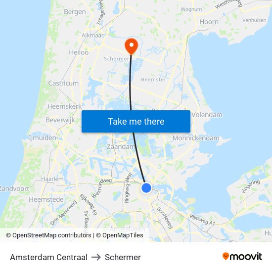 Amsterdam Centraal to Schermer map