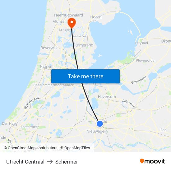 Utrecht Centraal to Schermer map