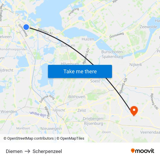 Diemen to Scherpenzeel map