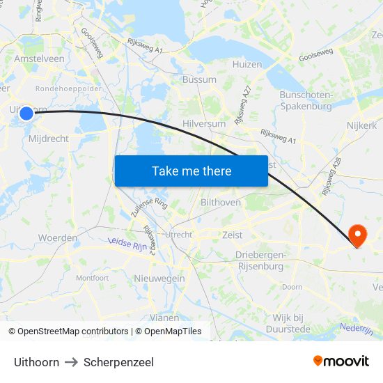 Uithoorn to Scherpenzeel map