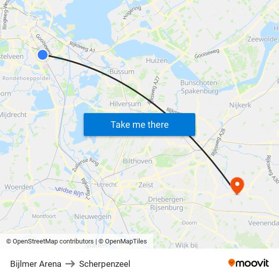 Bijlmer Arena to Scherpenzeel map