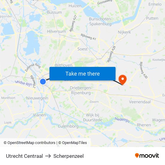 Utrecht Centraal to Scherpenzeel map