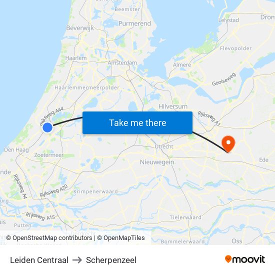 Leiden Centraal to Scherpenzeel map