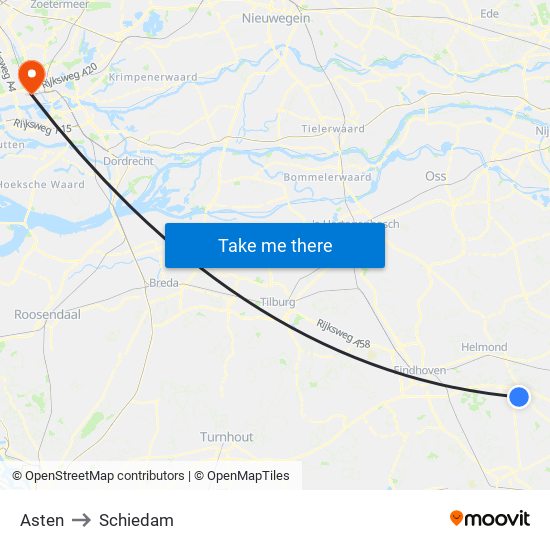 Asten to Schiedam map