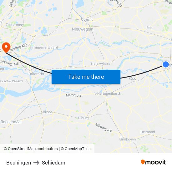 Beuningen to Schiedam map