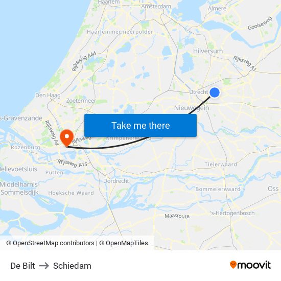 De Bilt to Schiedam map