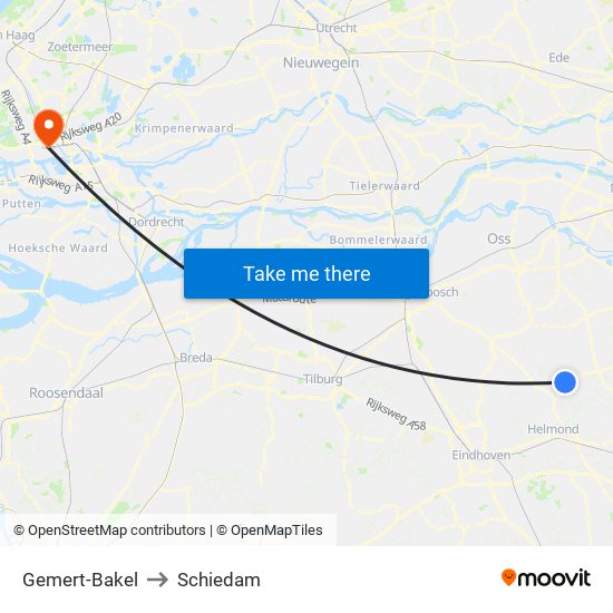 Gemert-Bakel to Schiedam map