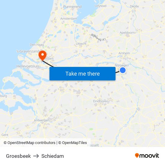 Groesbeek to Schiedam map