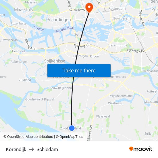 Korendijk to Schiedam map