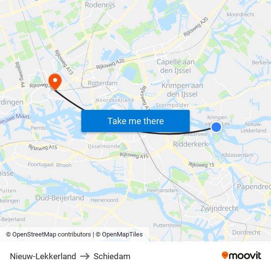 Nieuw-Lekkerland to Schiedam map